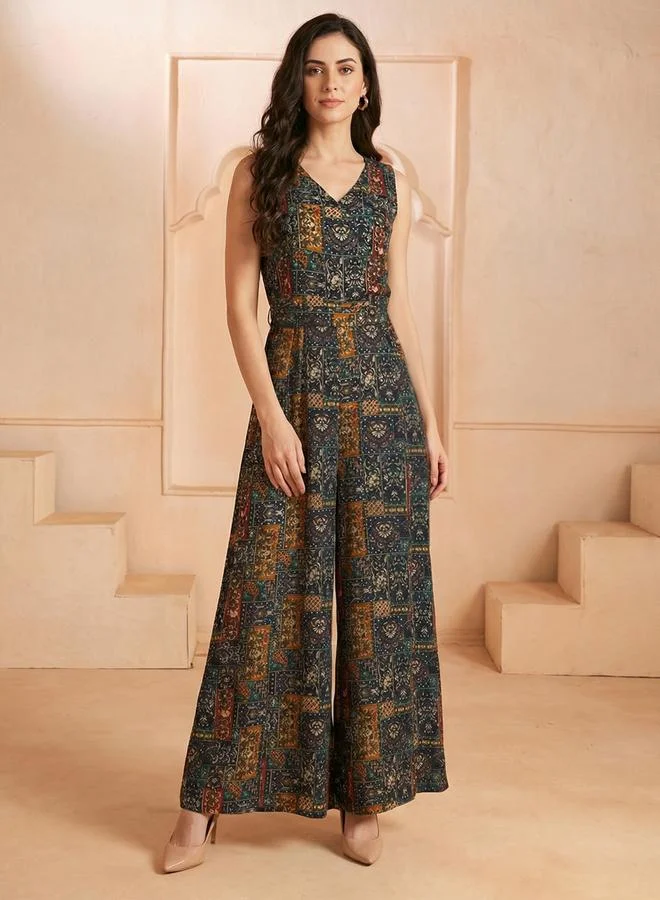 globus Multi Ethnic Print Belted Fusion Wide Leg Jumpsuit